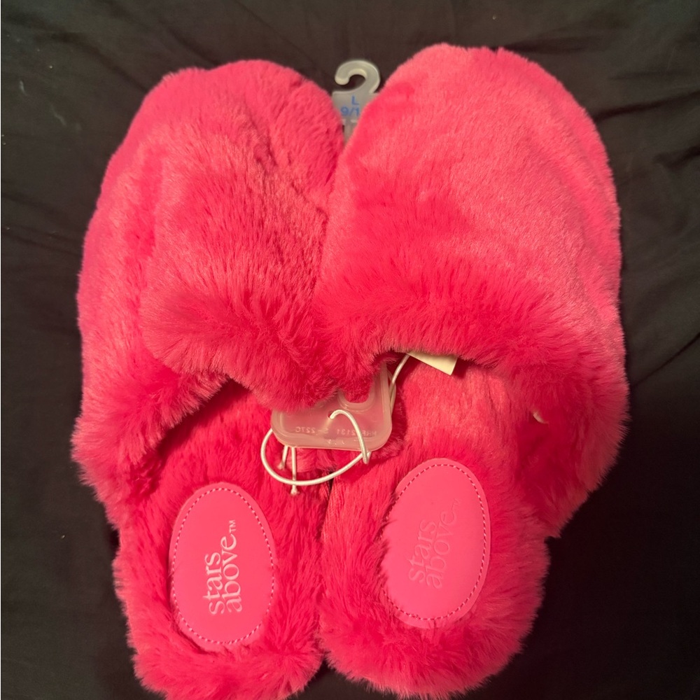 Stars Above' Bright Pink Fuzzy Slippers